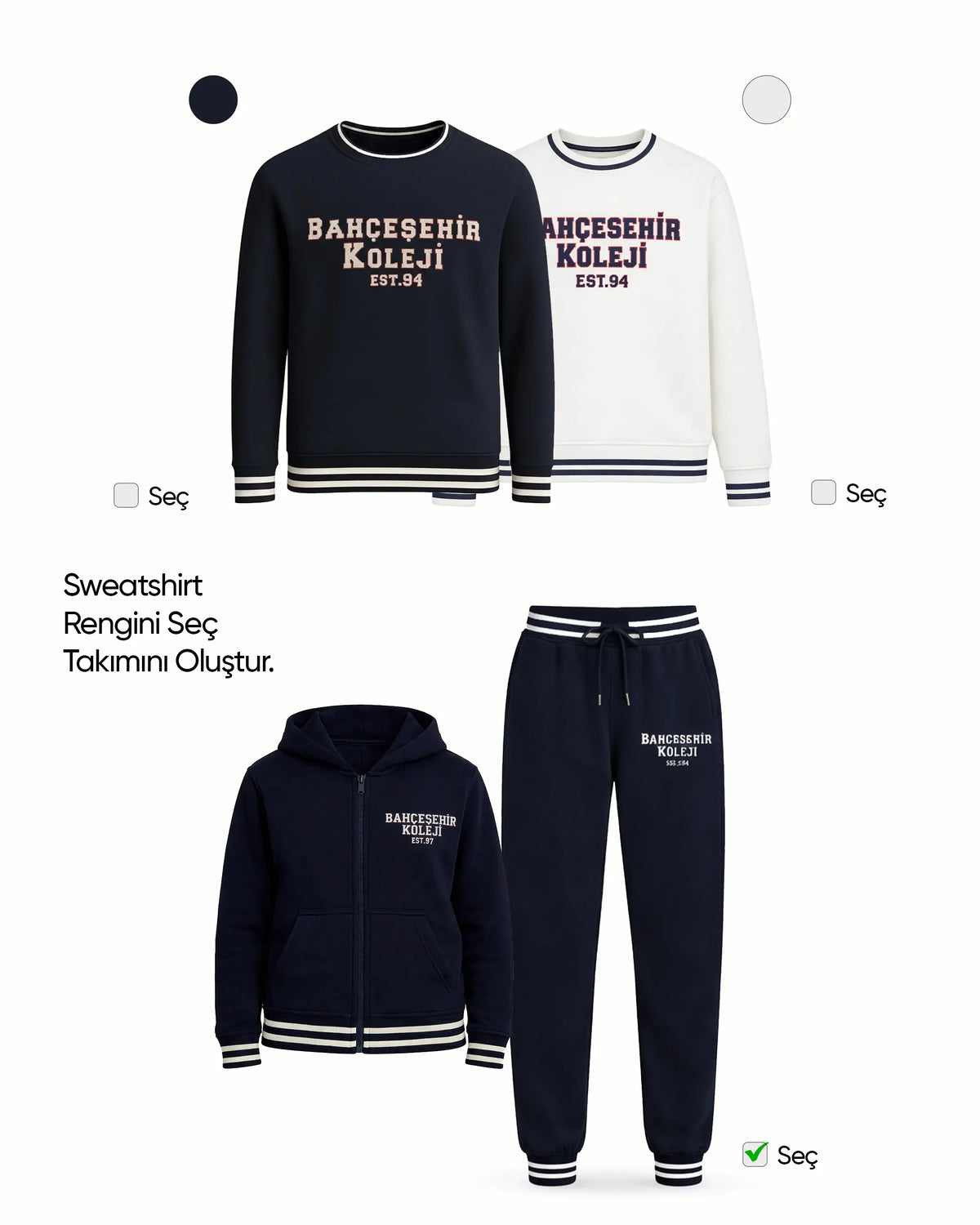 Bahçeşehir Koleji 3'lü 2 İplik Kolej Seti: Kolej Ceketi + Sweatshirt + Eşofman Altı