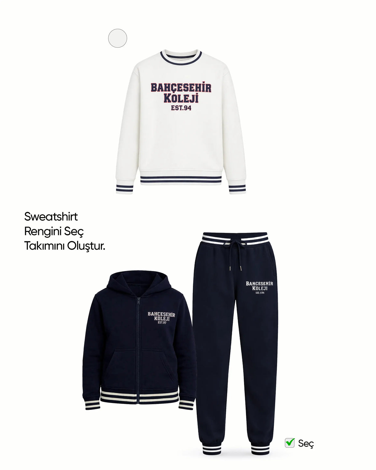 Bahçeşehir Koleji 3'lü 2 İplik Kolej Seti: Kolej Ceketi + Sweatshirt + Eşofman Altı